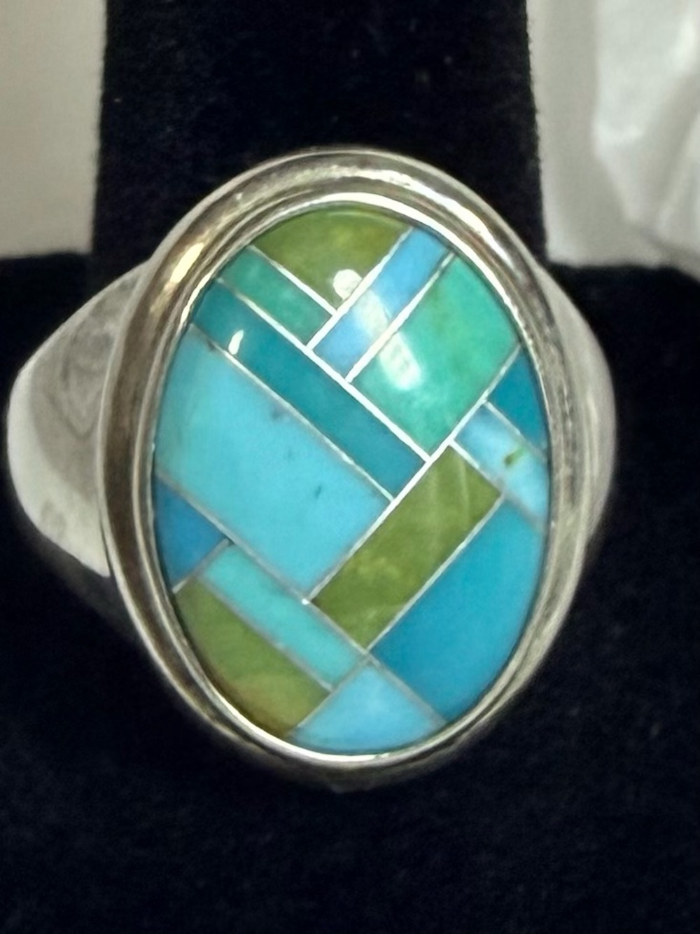 Unisex Carolyn Pollack Relios 925 Turquoise & Jasper Geometric Inlay Ring Sz 9